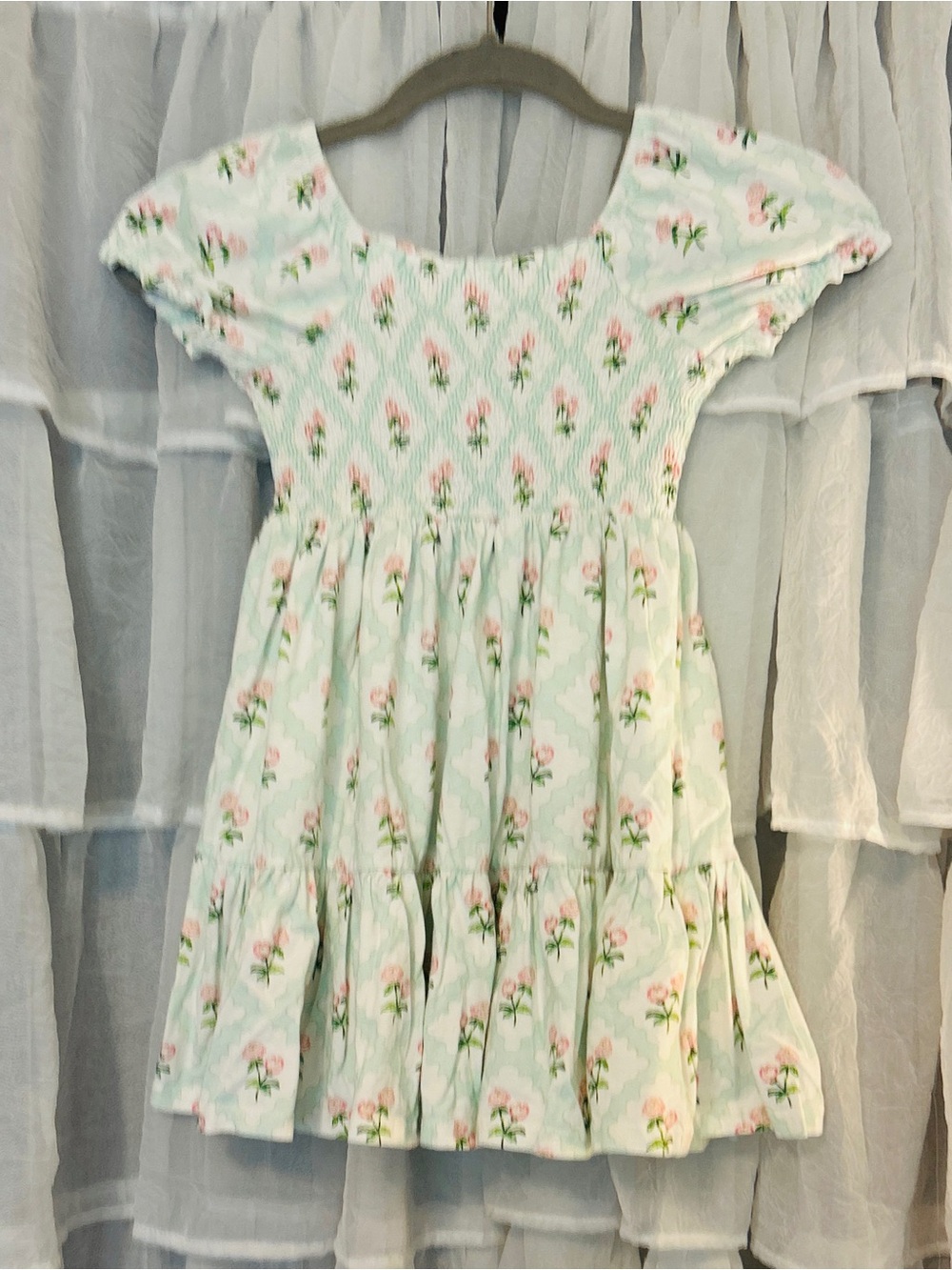 SweetHoney Clothing Mint Green and Pink Floral Print Dress with Ruched Bodice